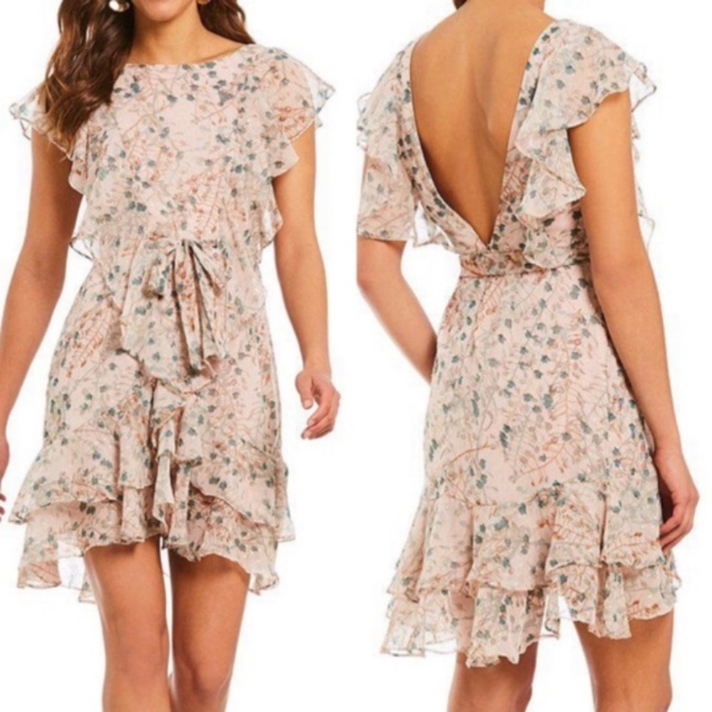 Chelsea and violet ruffles pink belted dress L